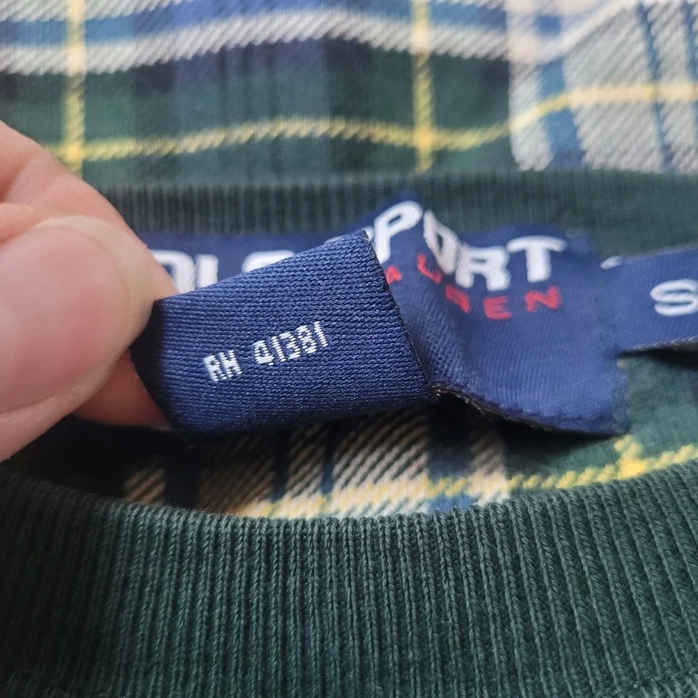 VTG Polo Sport Ralph Lauren Plaid Sweatshirt Small Green Blue Tartan 90 Crewneck
